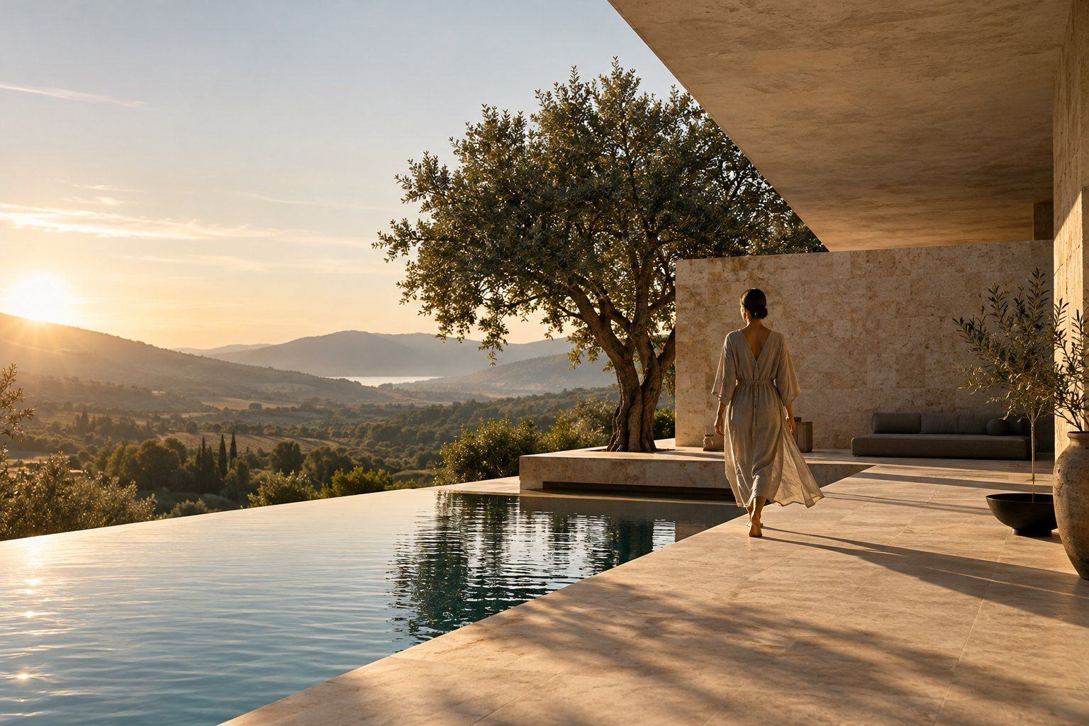 A woman walks across a stone terrace beside a pool at sunset, hills beyond