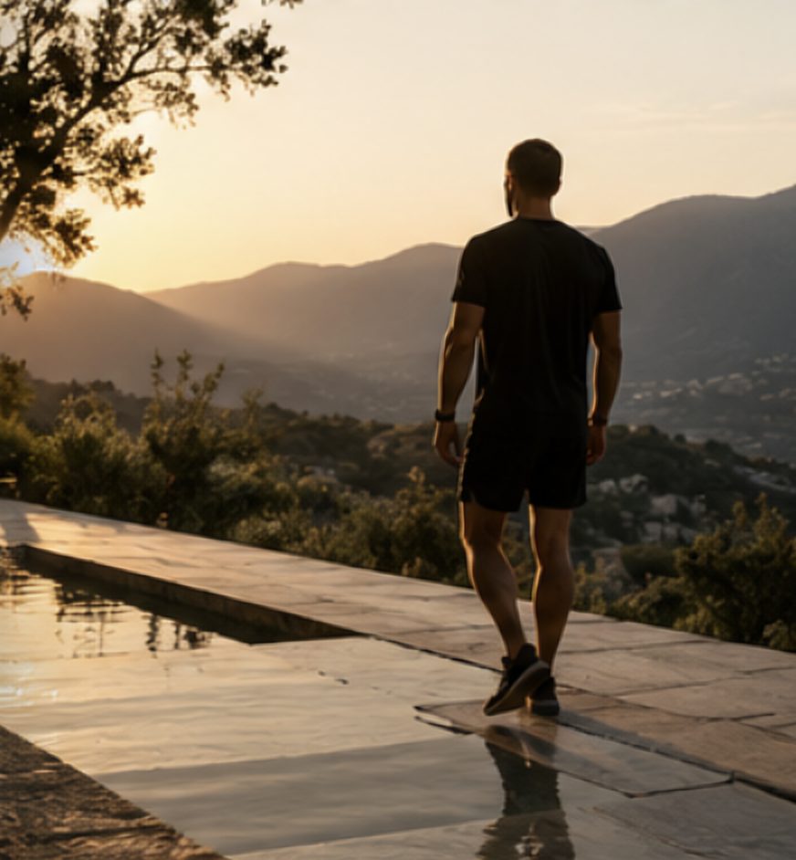 A man walking along a stone terrace towards the hills at sunset